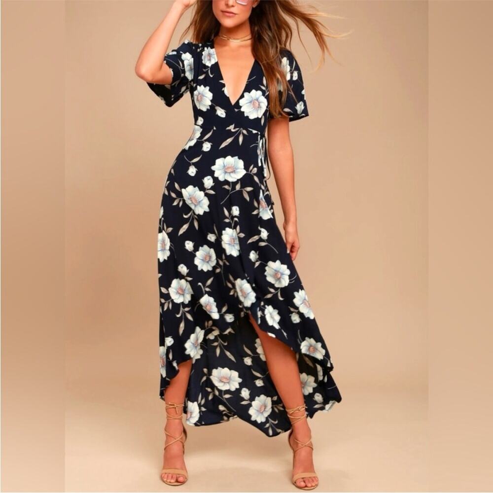 Lulus Lake‎ Como navy blue cream floral wrap front high low dress size Small